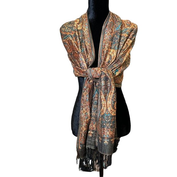 Unbranded Scarf Womens Rectangle Cashmere Orange Turquoise Boho Floral Fringe - Picture 2 of 11